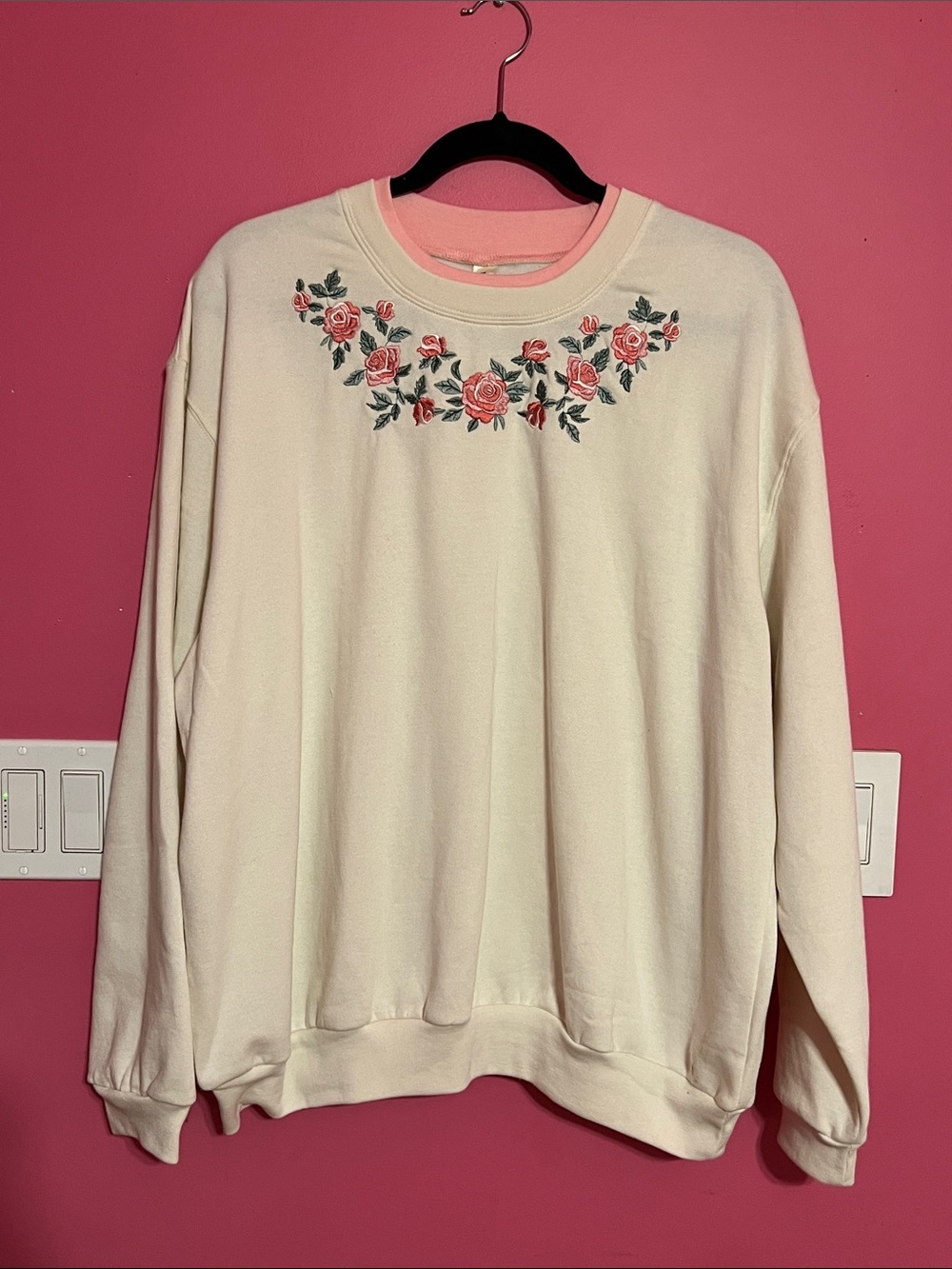 Morning Sun Women’s Pink Rose Embroidery Sweatshirt Soft Crewneck Size 2X